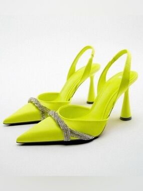 Zara Neon Green Rhinestone Slingback Heels Satin Pointed Toe Glam EU37